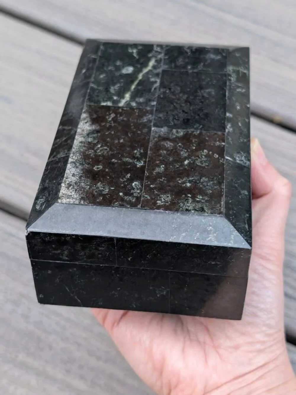 Vintage Dark Green Onyx Marble Hinged Jewelry Trinket Box Velvet Lined